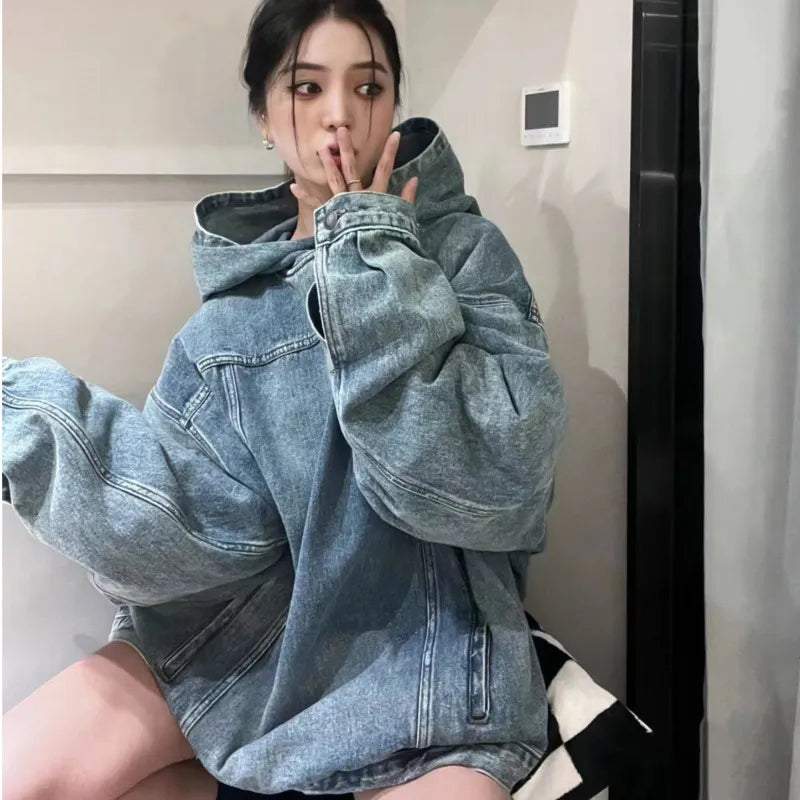 Y2K Women's Loose Denim Hoodies Sweatshirt