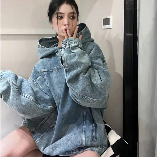 Y2K Women's Loose Denim Hoodies Sweatshirt
