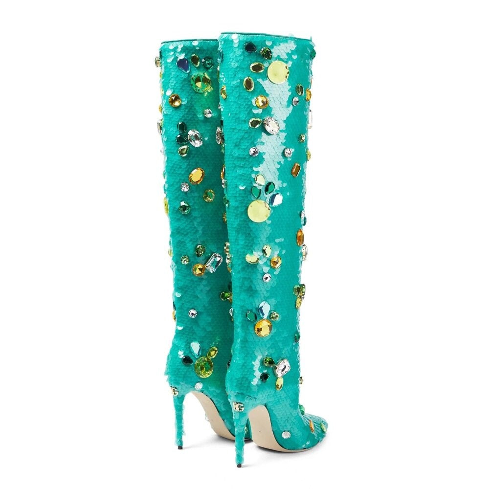 Green Sequin Rhinestones Boots