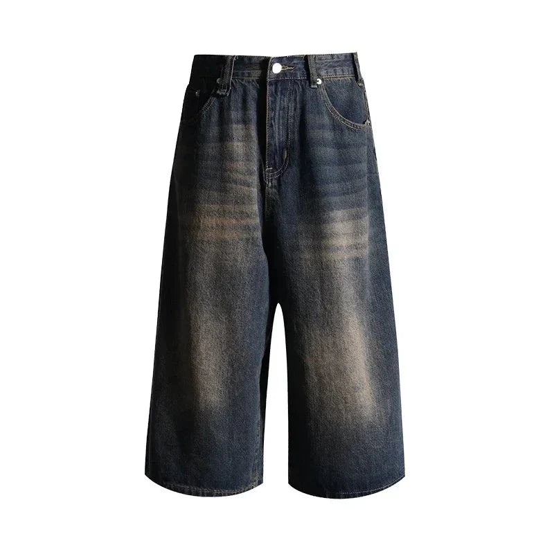 Vintage Streetwear Wide Leg Denim Shorts: Y2K Fashion Loose Knee-Length Pants