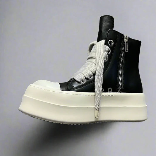High Top Unisex Leather Sneaker Motorcycle Boots: Jumbo Lace-Up Zip Luxury