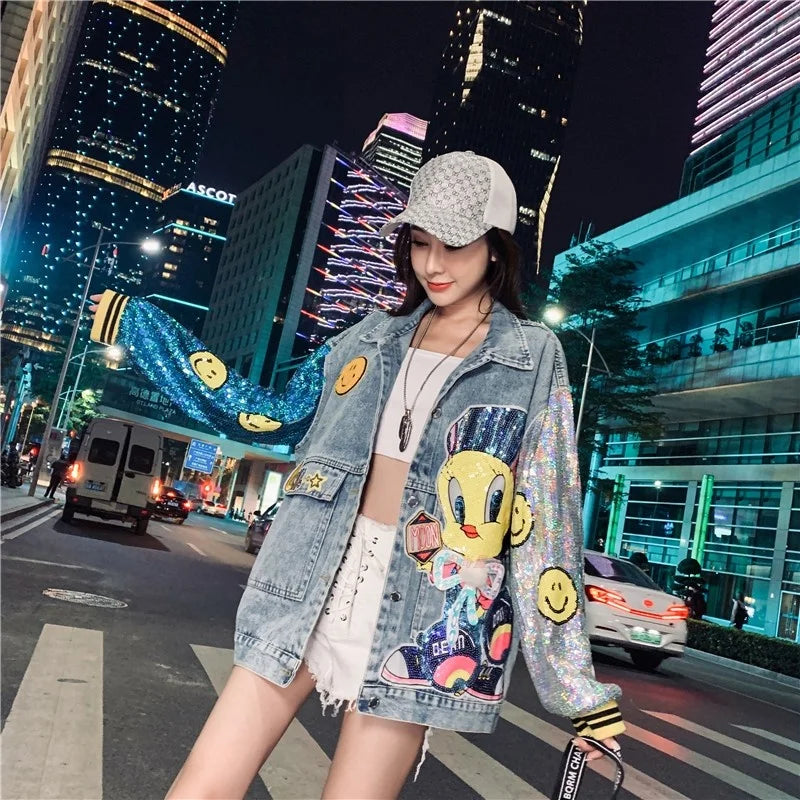 Denim Jacket Women's Cartoon Sequin Vintage Jean
