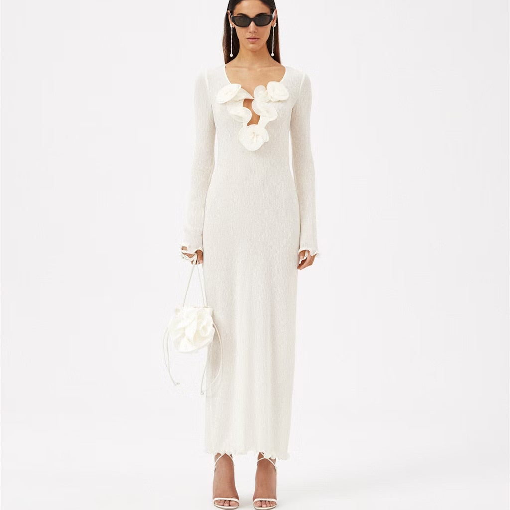 SAKURA MESH LONG SLEEVE MAXI DRESS with FLOWERS