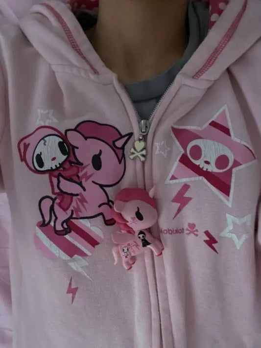 Personality Print Oversized Zip-Up Pink Hoodie
