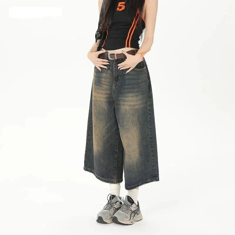 Vintage Streetwear Wide Leg Denim Shorts: Y2K Fashion Loose Knee-Length Pants