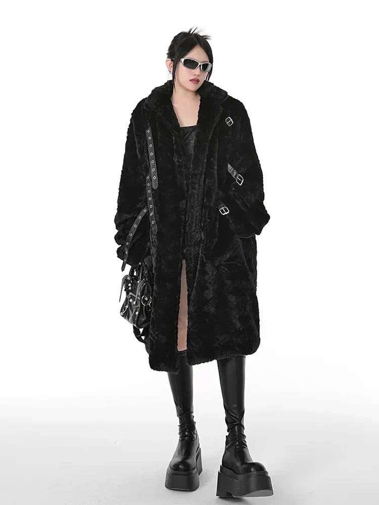 Punk Style Winter Women's Long Black Faux Fur Coat