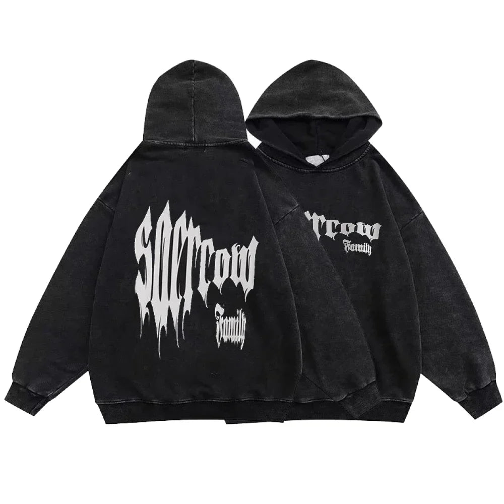 Washed Black Hoodie: Gothic Cotton Pullover Streetwear for Men and Women
