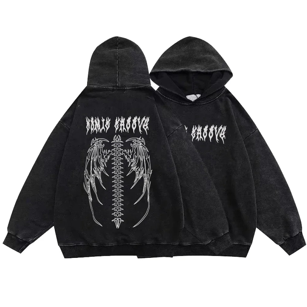 Washed Black Hoodie: Gothic Cotton Pullover Streetwear for Men and Women