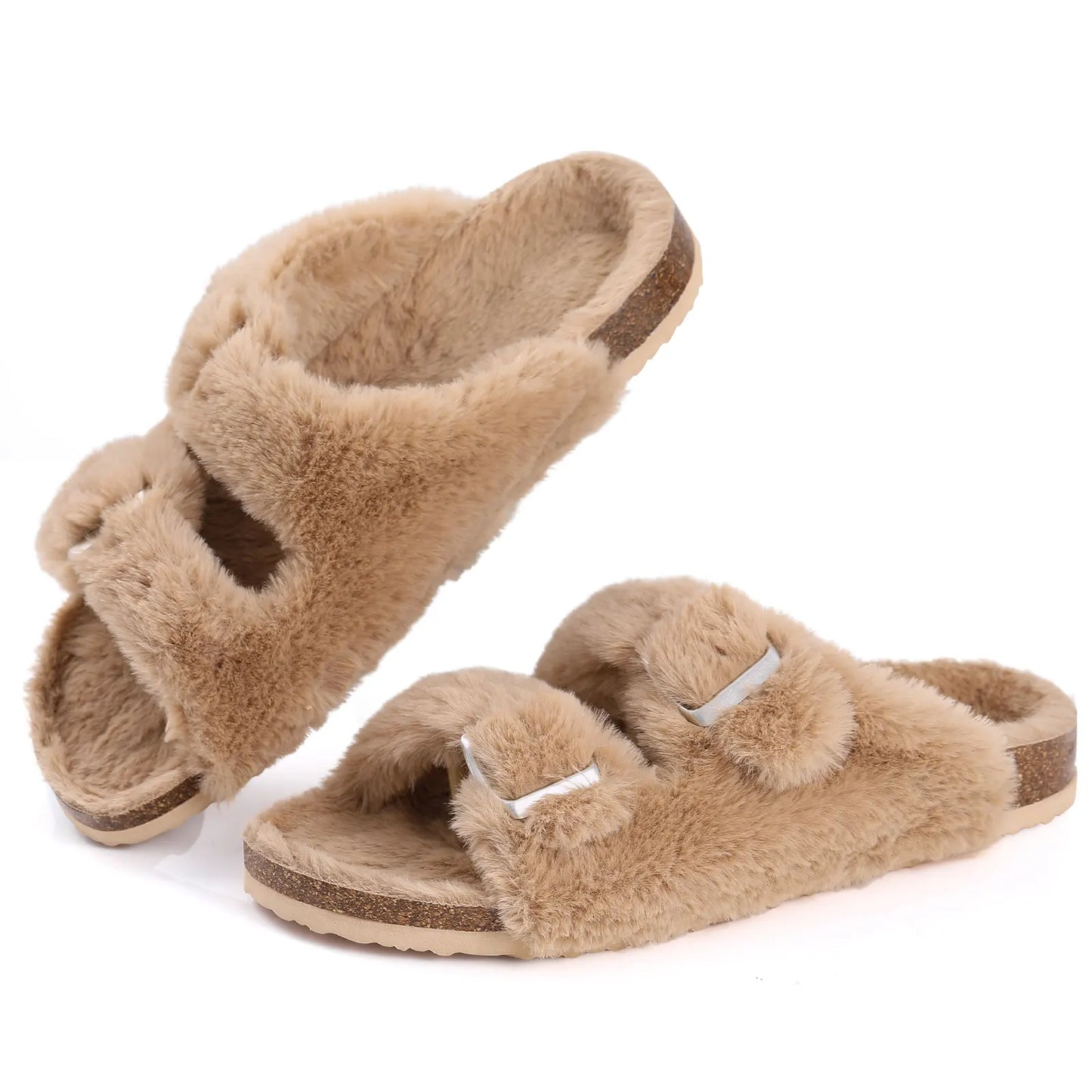 Cork Sole Slippers for Women with Furry Lining