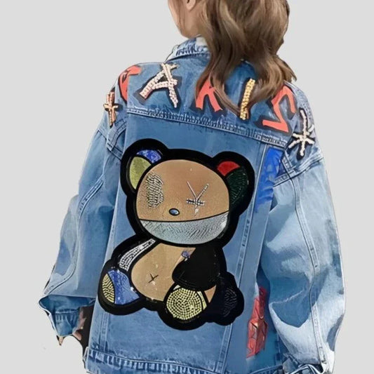 Whimsical Stitch: Women's Thin Embroidered Cartoon Jean Jacket