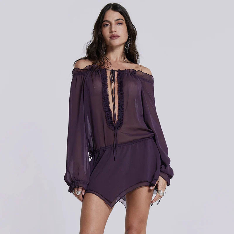 SLASH NECK MESH MINI DRESS