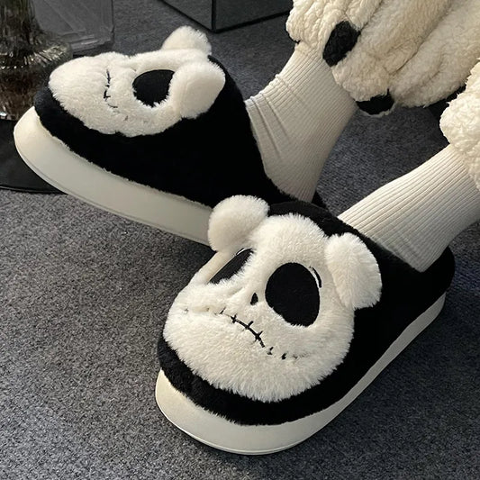 Women's Soft Plush Slippers with Skull Head Design