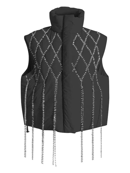 DEAT Fashion Women's Waistcoat Loose Stand Collar Single Breasted  Sleeveless Plaid Diamonds Tassel Vest Winter 2023 New 1DF2572