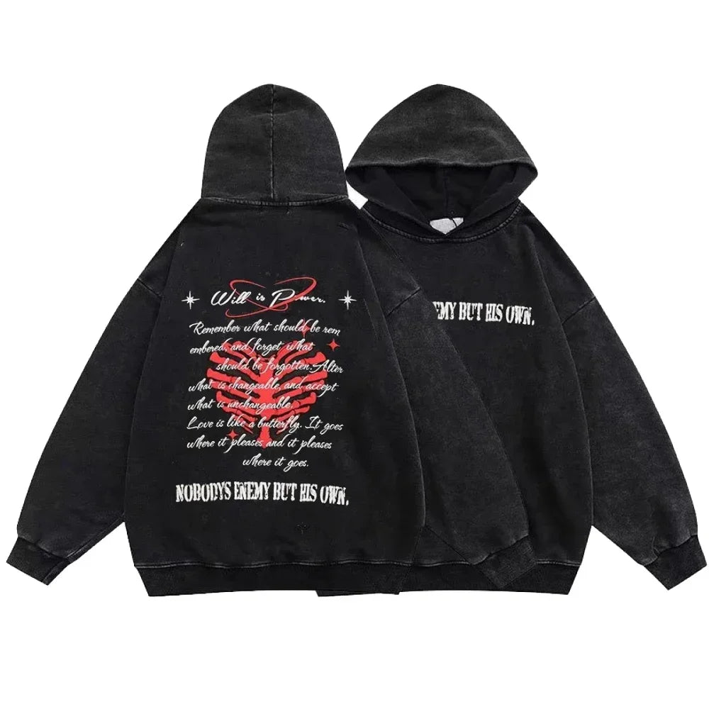 Washed Black Hoodie: Gothic Cotton Pullover Streetwear for Men and Women