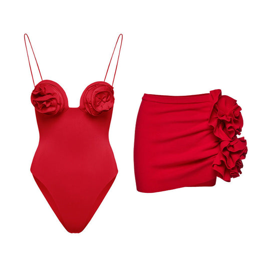 HANNA RED BODYSUIT and SKIRT with ROSE BOWS 2 PIECE SET
