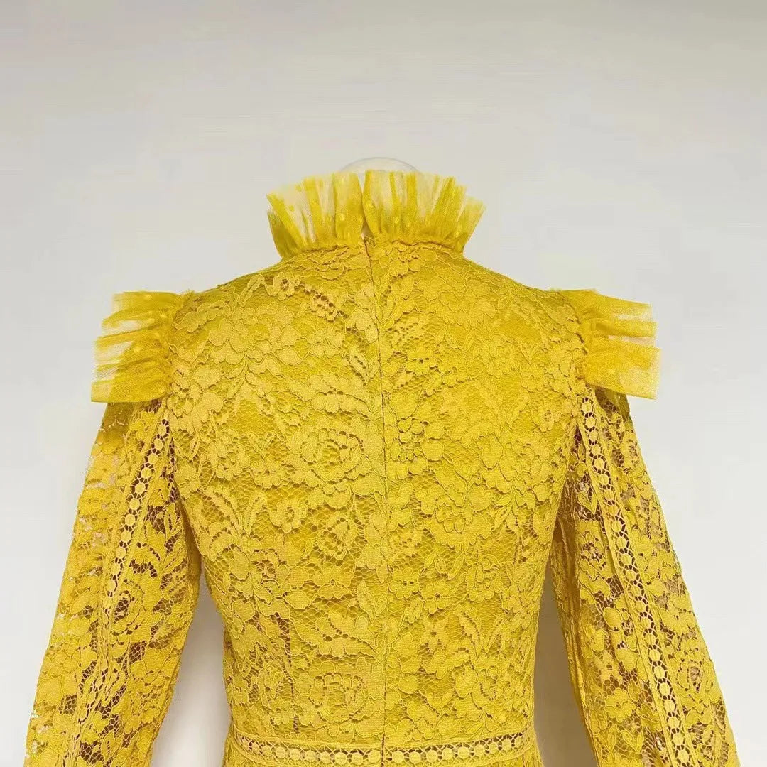 Textured Maxi Dress with Long Sleeves - Yellow