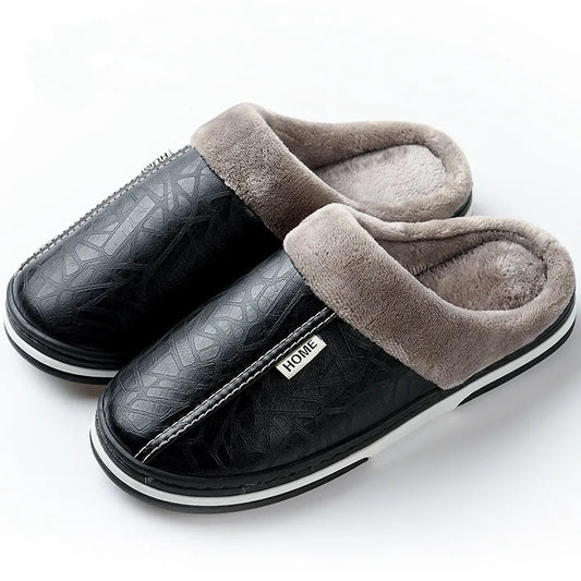 Unisex Waterproof Fur Slippers - Indoor PU Leather