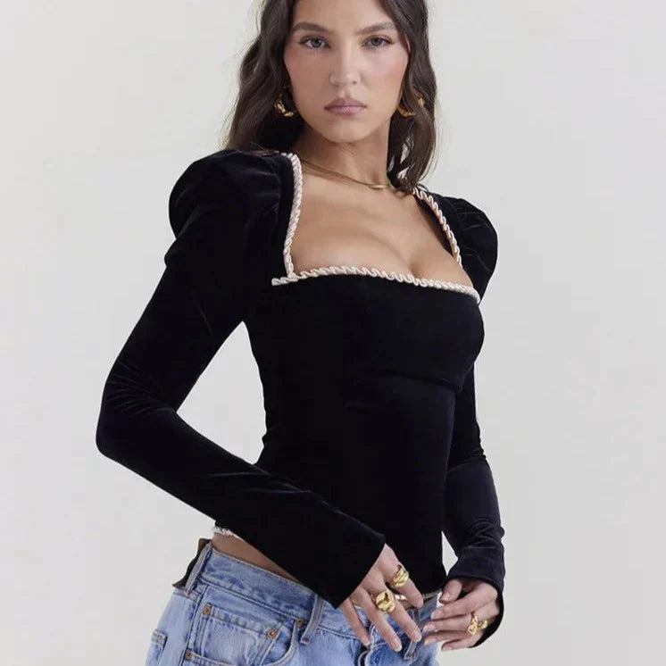 BLACK SQUARE COLLAR LACE UP BLOUSE