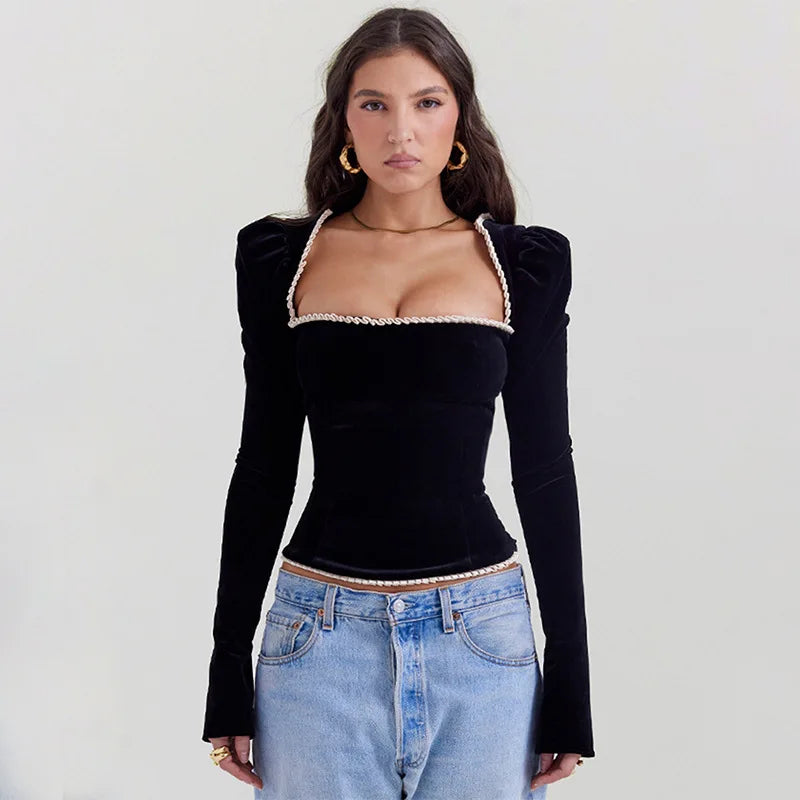 BLACK SQUARE COLLAR LACE UP BLOUSE