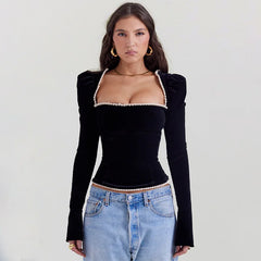 BLACK SQUARE COLLAR LACE UP BLOUSE