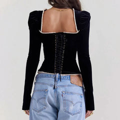 BLACK SQUARE COLLAR LACE UP BLOUSE