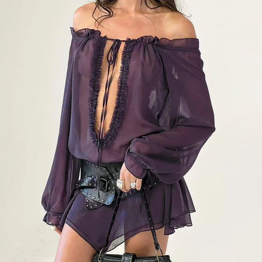 SLASH NECK MESH MINI DRESS