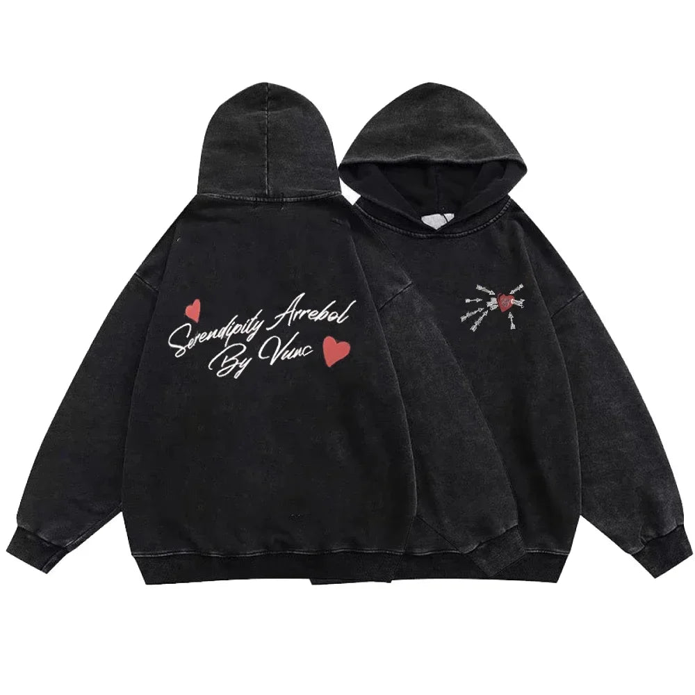 Washed Black Hoodie: Gothic Cotton Pullover Streetwear for Men and Women