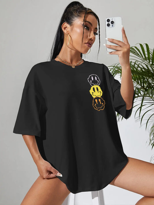 Oversized Graphic T Shirt - Unhappy Face Cotton Tee