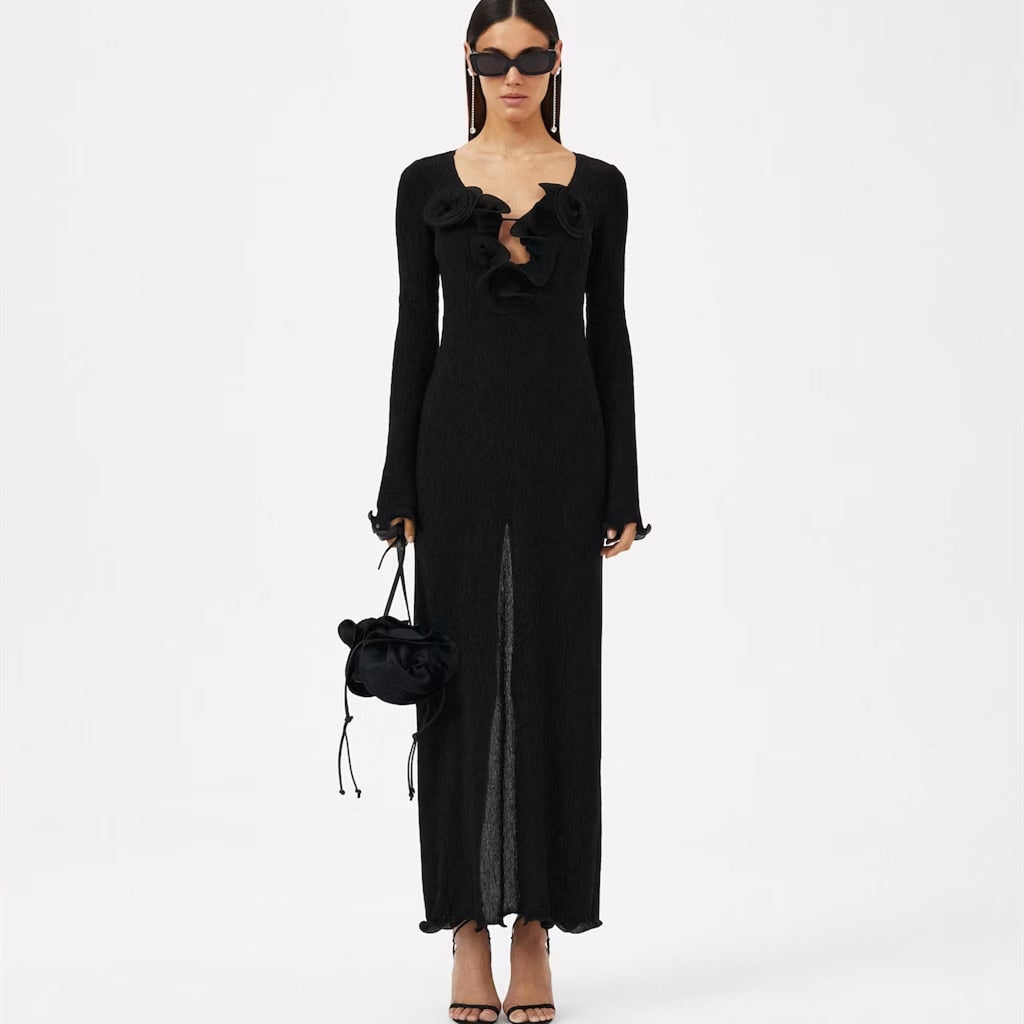 SAKURA MESH LONG SLEEVE MAXI DRESS with FLOWERS