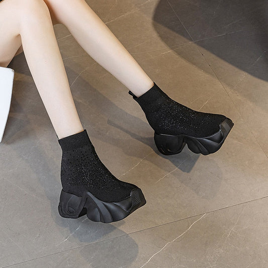 8cm Black Platform Sock Boots for Women