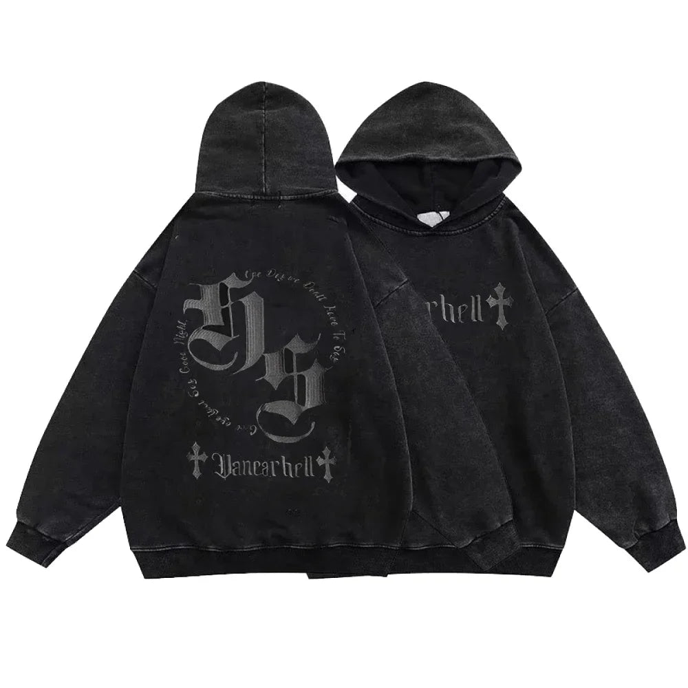 Washed Black Hoodie: Gothic Cotton Pullover Streetwear for Men and Women