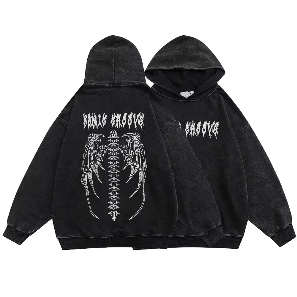 Washed Black Hoodie: Gothic Cotton Pullover Streetwear for Men and Women