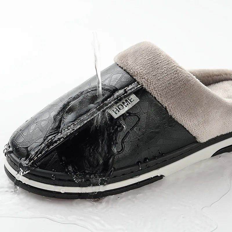 Unisex Waterproof Fur Slippers - Indoor PU Leather