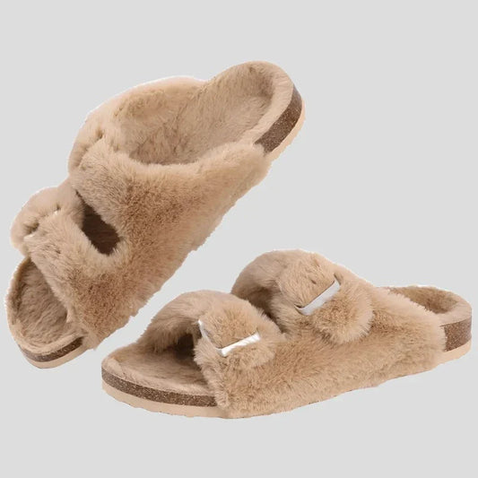 Cork Sole Slippers for Women with Furry Lining