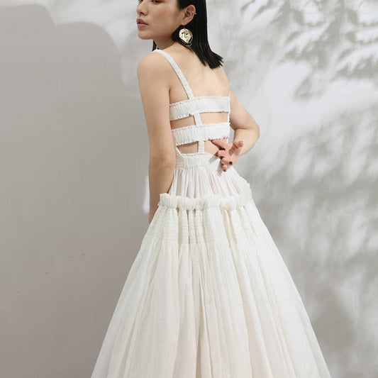 TAKARA BACKLESS STRAPS PUFF MAXI DRESS