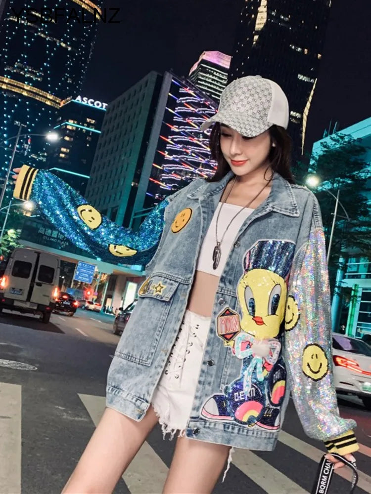 Denim Jacket Women's Cartoon Sequin Vintage Jean