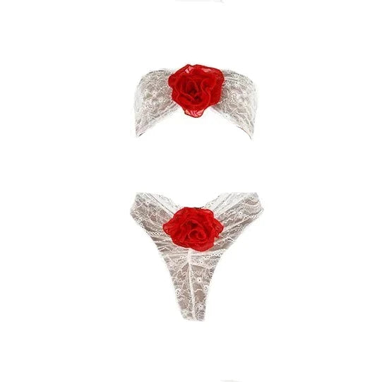 AMMEL CUT OUT LACE JUMPSUIT with RED ROSE BOWS