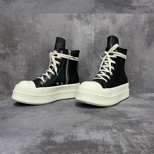 High Top Unisex Leather Sneaker Motorcycle Boots: Jumbo Lace-Up Zip Luxury