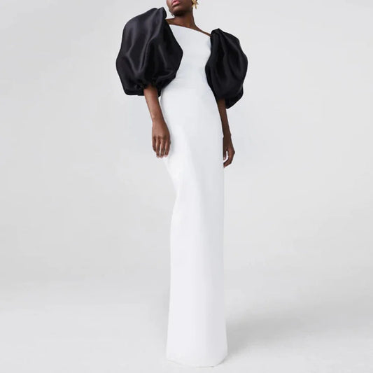WHITE MAXI DRESS with BLACK PUFF SLEEVES