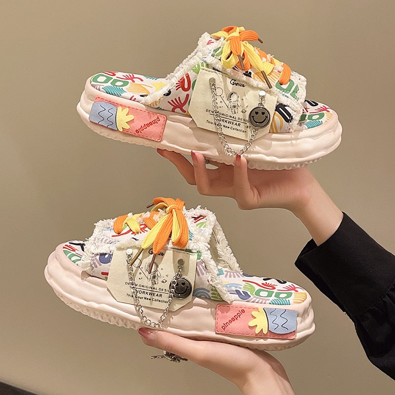 Graffiti Strap Home Platform Slippers