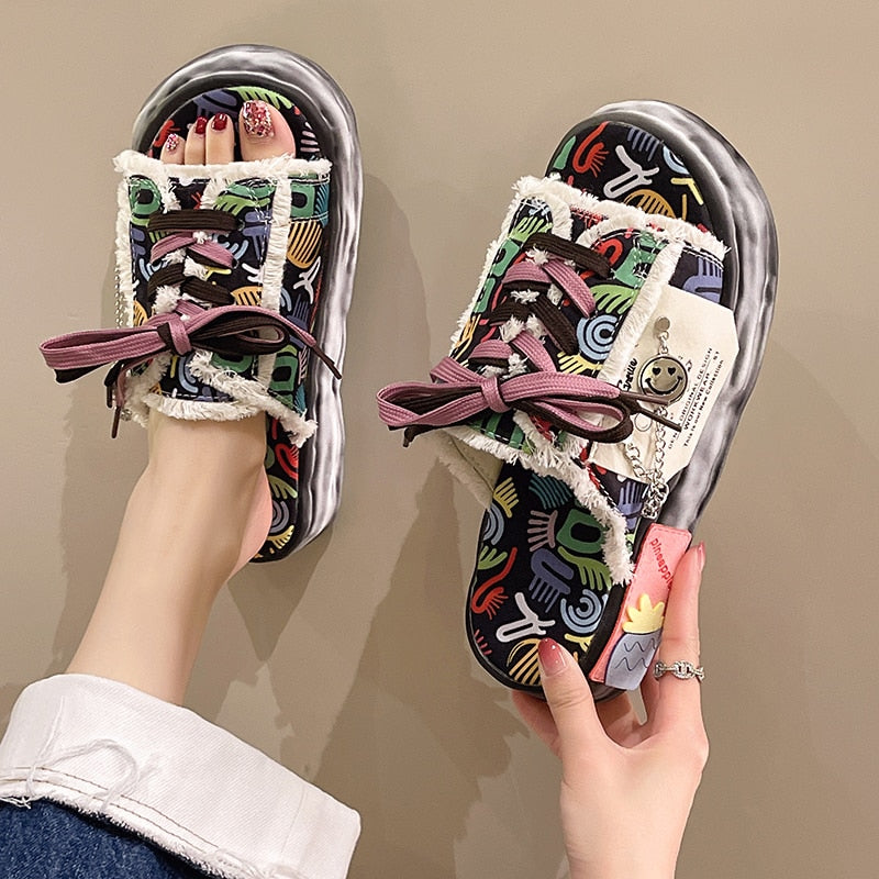 Graffiti Strap Home Platform Slippers