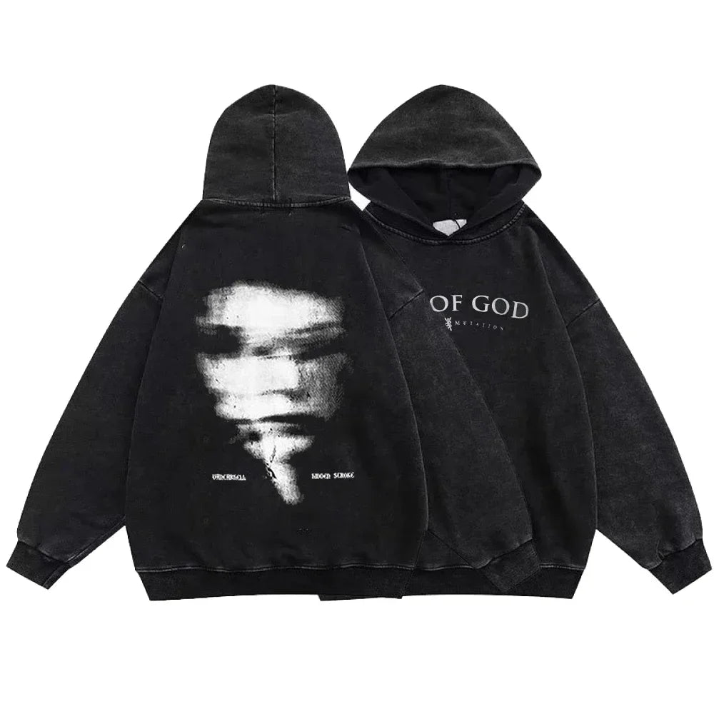 Washed Black Hoodie: Gothic Cotton Pullover Streetwear for Men and Women