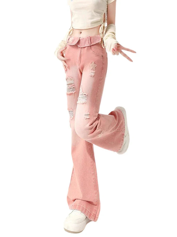 Ripped Jeans - Pink Star Denim for Women