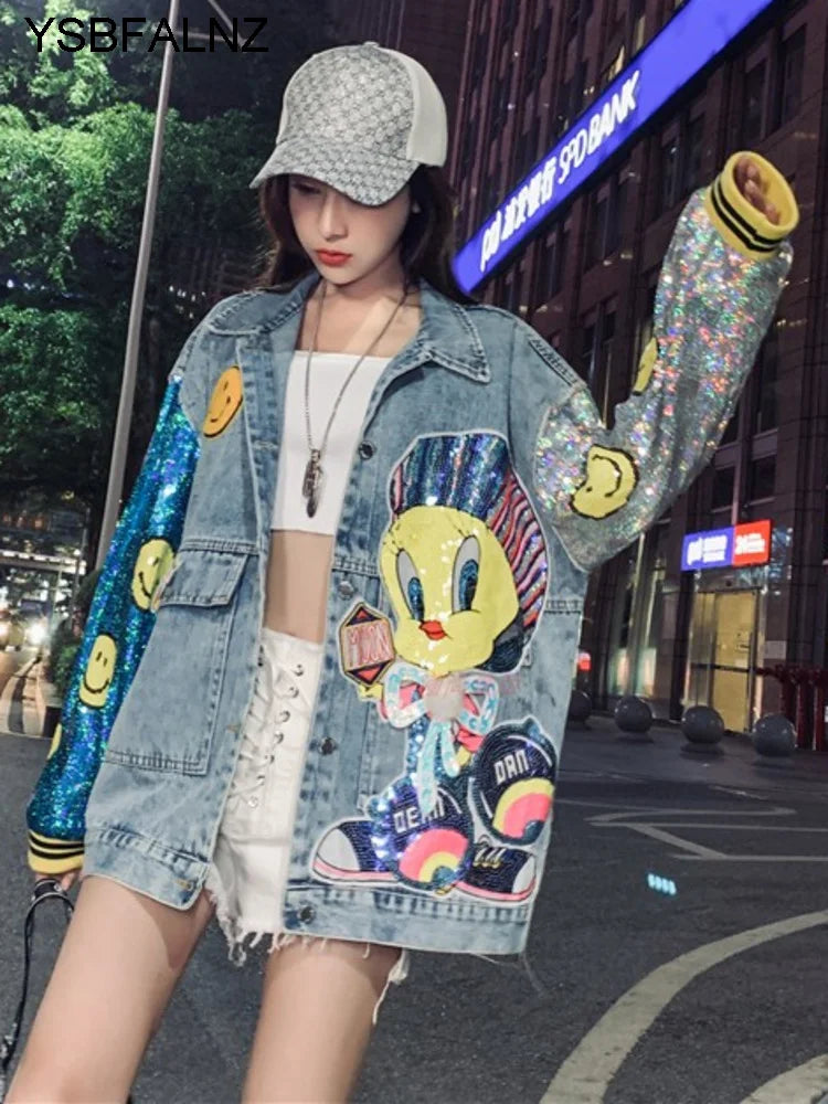 Denim Jacket Women's Cartoon Sequin Vintage Jean
