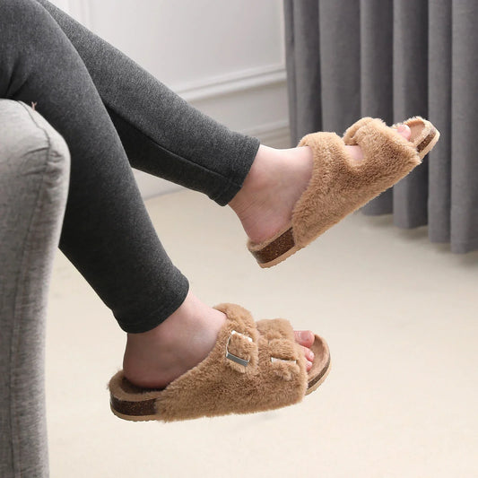 Cork Sole Slippers for Women with Furry Lining