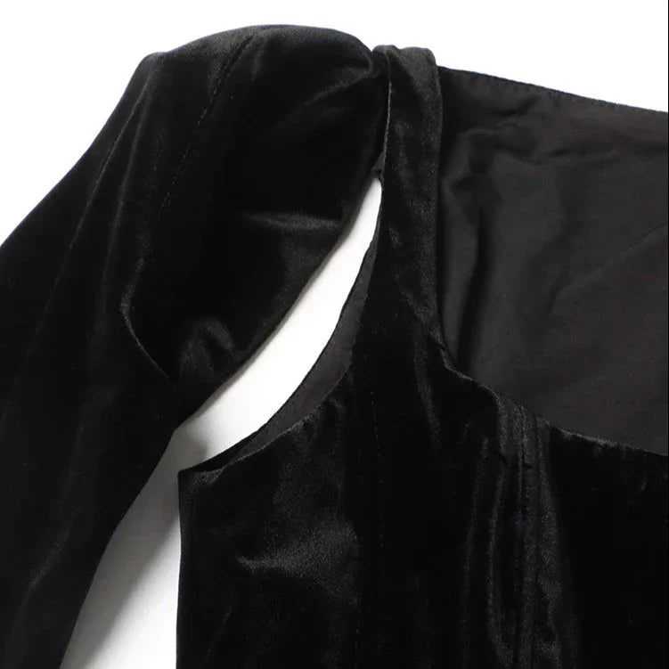 BLACK MIDI DRESS with CORSET LONG SLEEVES and FRONT SLIT