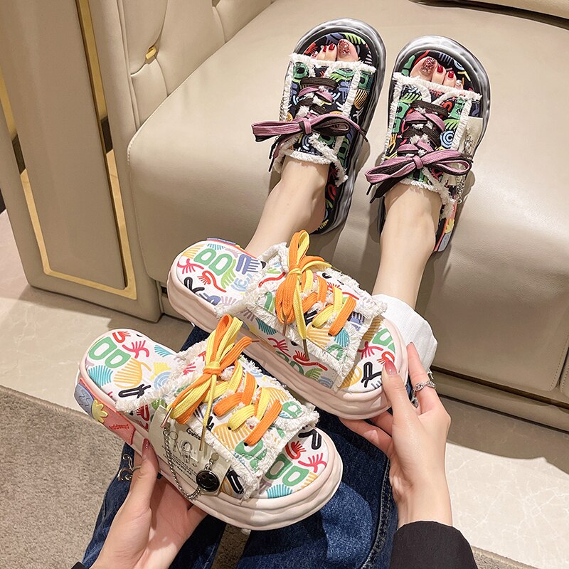 Graffiti Strap Home Platform Slippers