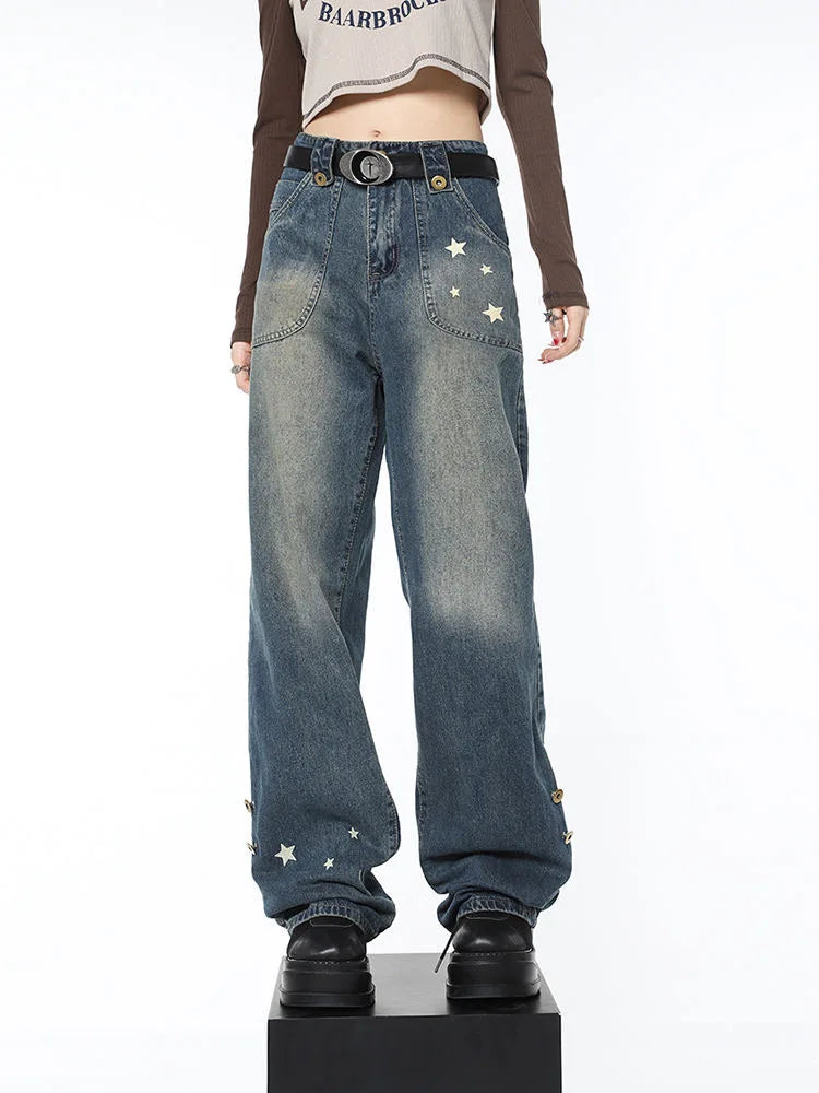 Loose Jeans Five-Point Star Design for Women