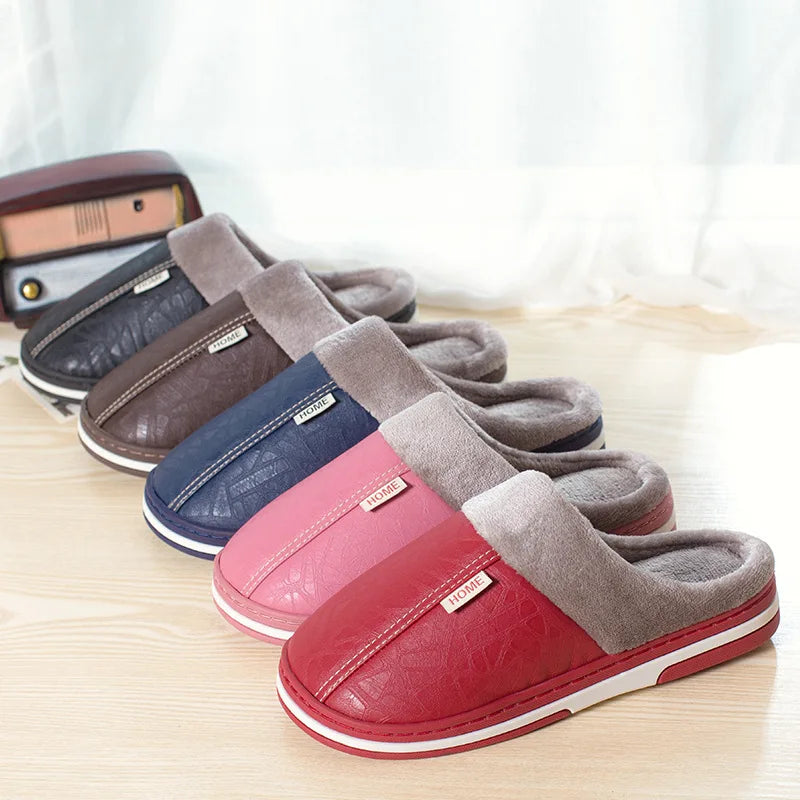 Unisex Waterproof Fur Slippers - Indoor PU Leather