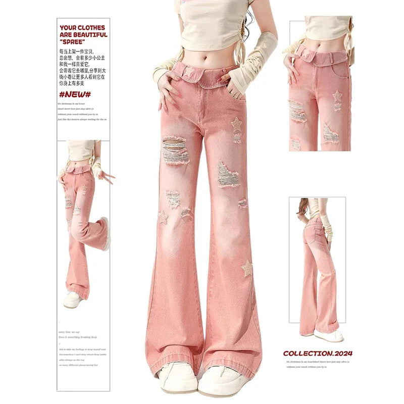 Ripped Jeans - Pink Star Denim for Women